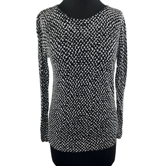 THEORY Black White Print Linen Blend Long Sleeve Blouse Scoop Neck Size S Small - Picture 1 of 7